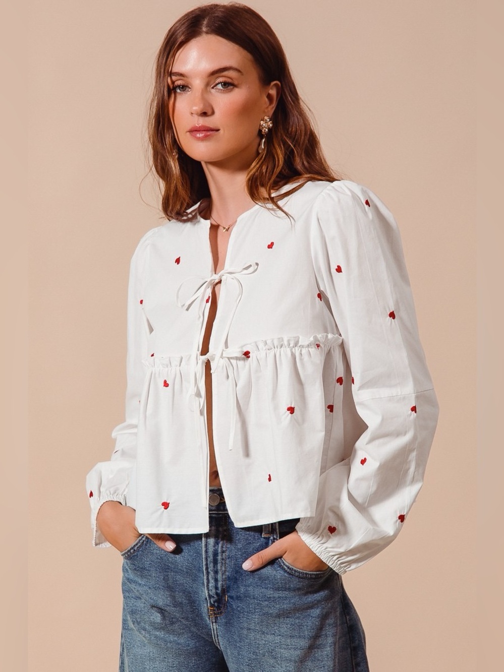 SO ME Front Tie Heart Embroidered Blouse With Puff Sleeve - Picture 7 of 11